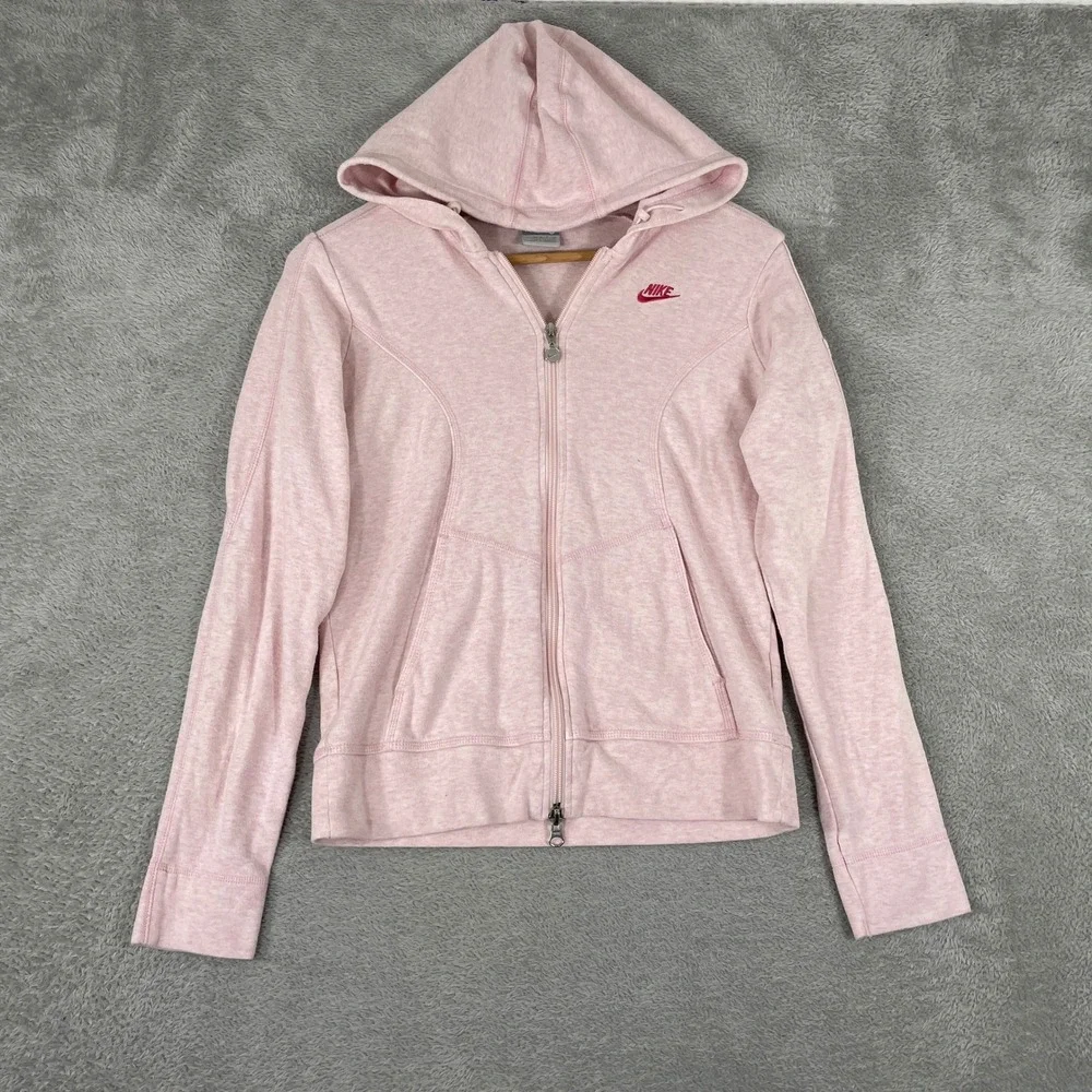 Nike Full Zip Hoodie Womens Small Pink Y2K Embroidered Swoosh Athleisure Hooded